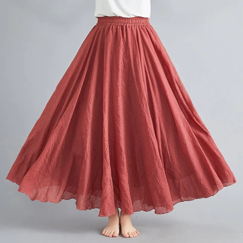 Women Linen Cotton Long Skirts Elastic Waist Pleated Maxi Skirts Beach