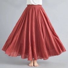 Ladies Linen Cotton Long Dress Elastic Waist Pleated Long Dress Beach -