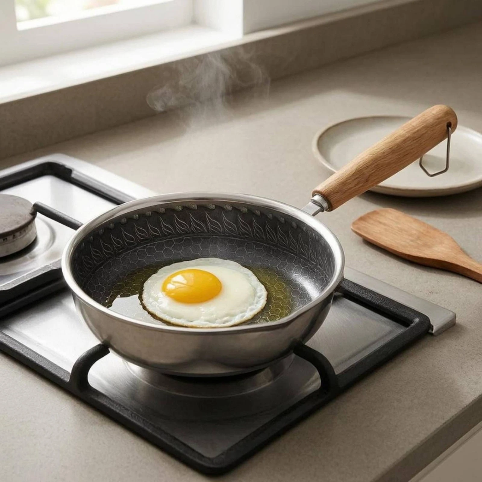 Hexagonal Pattern Frying Pan Wood-Grain Handle Cookware Flat Base