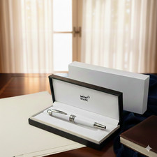 Bolígrafo Montblanc JFK 163 blanco resina borde plateado nuevo en caja