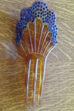 Vintage Celluloid Blue Rhinestone Hair Comb Ca 1915-20's 5 1/4" Tall