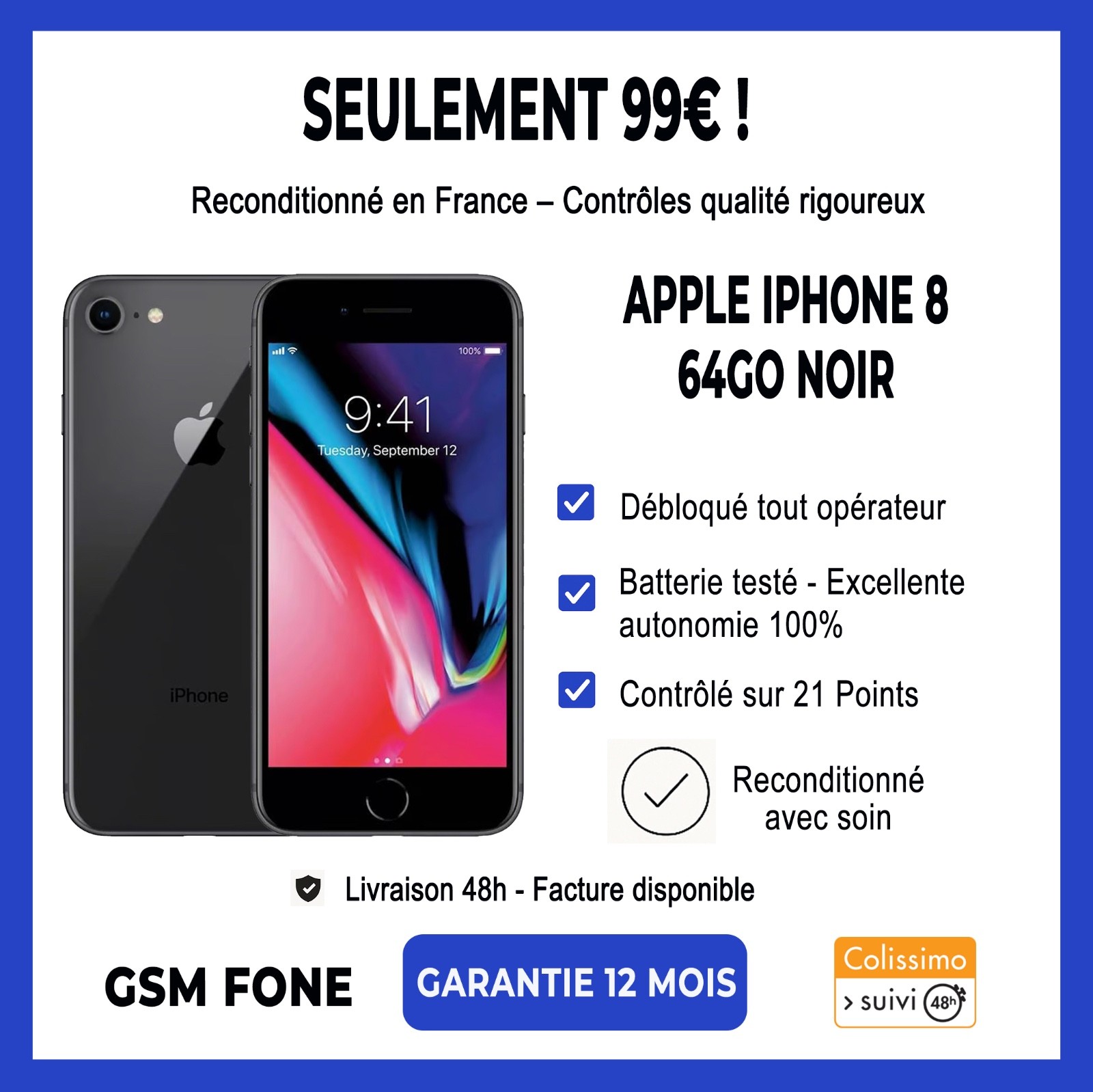 APPLE iPhone 8 64 Go Noir - Parfait État - Batterie 100% - Garantie 12 Mois