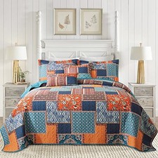 3 Pieces Cotton King Size Quilt Sets, King 98  106 in Sunny Red/Orange/Blue