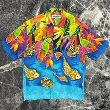 Vintage Jams World Hawaiian Shirt Mens Medium Rayon Aloha Montego Bay Fish Art