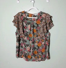 DR2 Blouse Top size XXL 2XL, Floral Green Pink Ruffle Cottagecore Career Casual