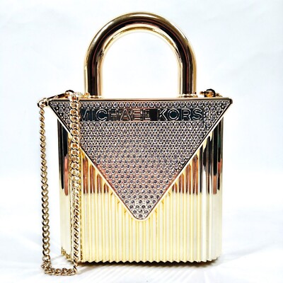 MICHAEL KORS Mercer Lock Clutch Hand Bag Gold Rhinestones