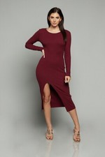 Womens Dresses Knit, Midi Length and casual style - Solid - Side Slit - Round N