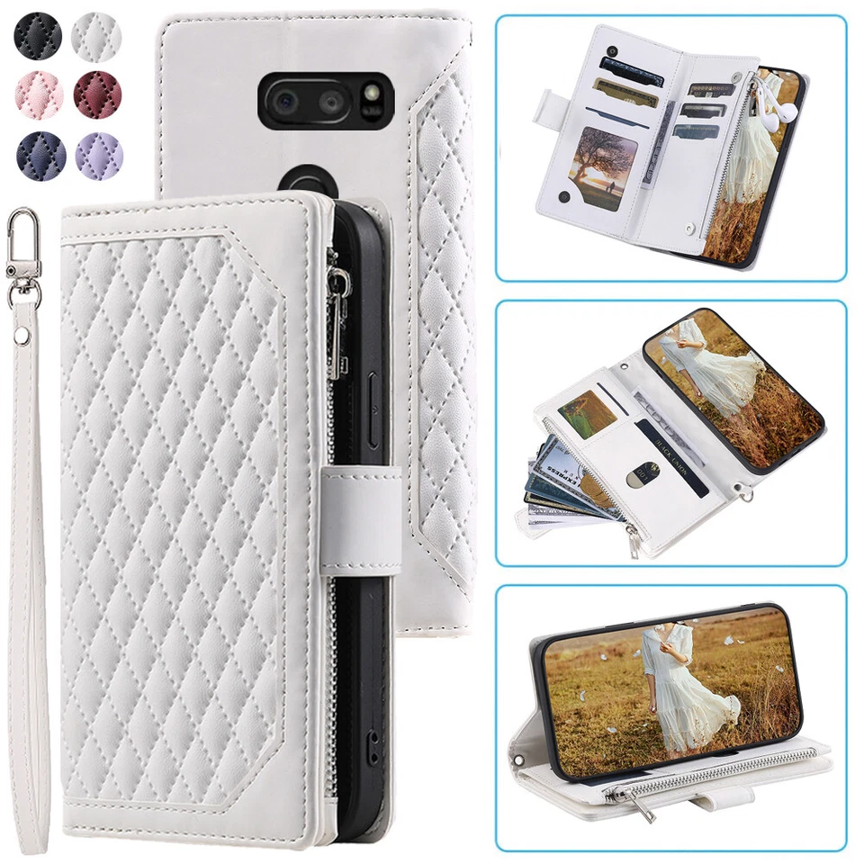 Funda tipo billetera rombica ThinQ ThinQ para LG V30 V35 V30s, tarjeta abatible de cuero de lujo con cremallera Foto 4 de 4