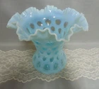 Fenton Art Glass Blue Opalescent Coin Dot Ruffled Crimped Vase 8" Mid-Century