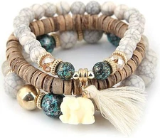 Women's Fashion Wood Beads Bracelets Boho Small Elephant Charm Bracelet Set