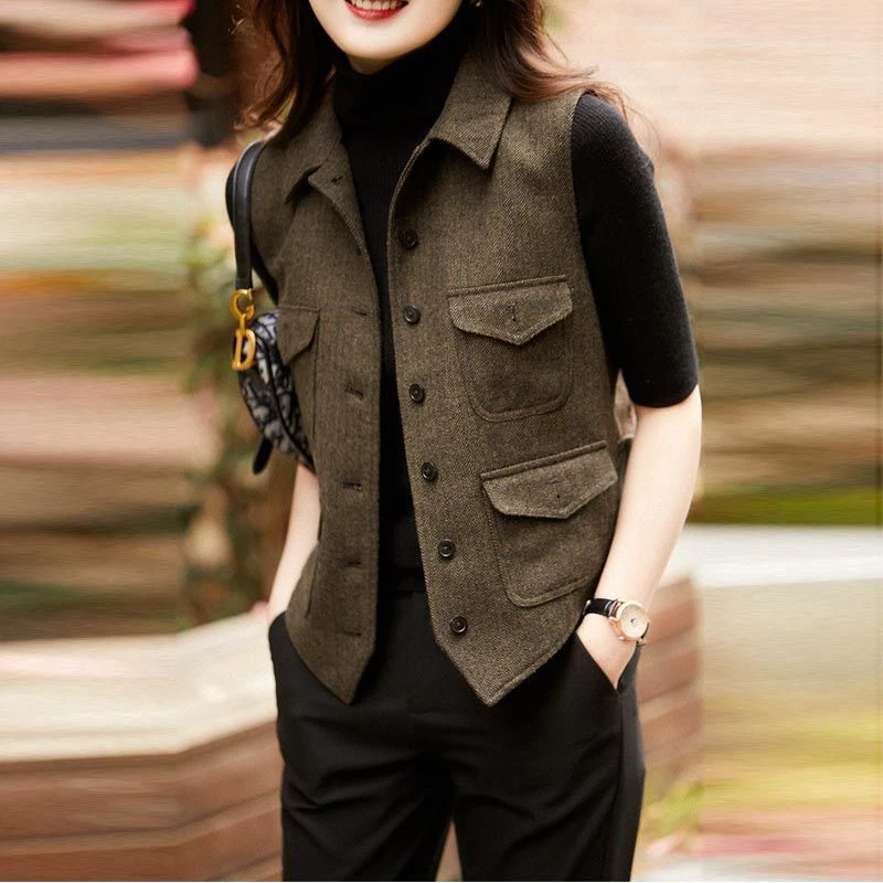 Femme Costume Gilet D bardeur Cardigan Faux Laine Veste sans