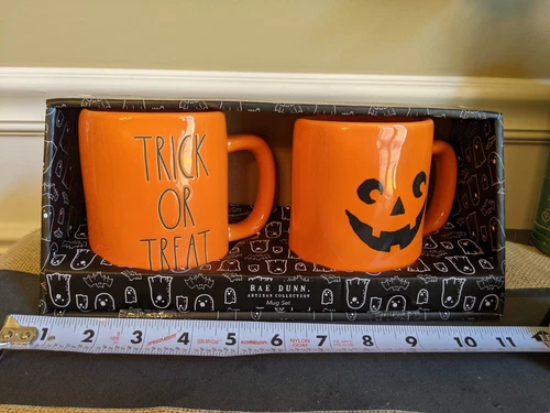 NEW Rae Dunn "Trick-or-Treat"/Jack O' Lantern Set of 2 Orange Coffee/Tea Mugs