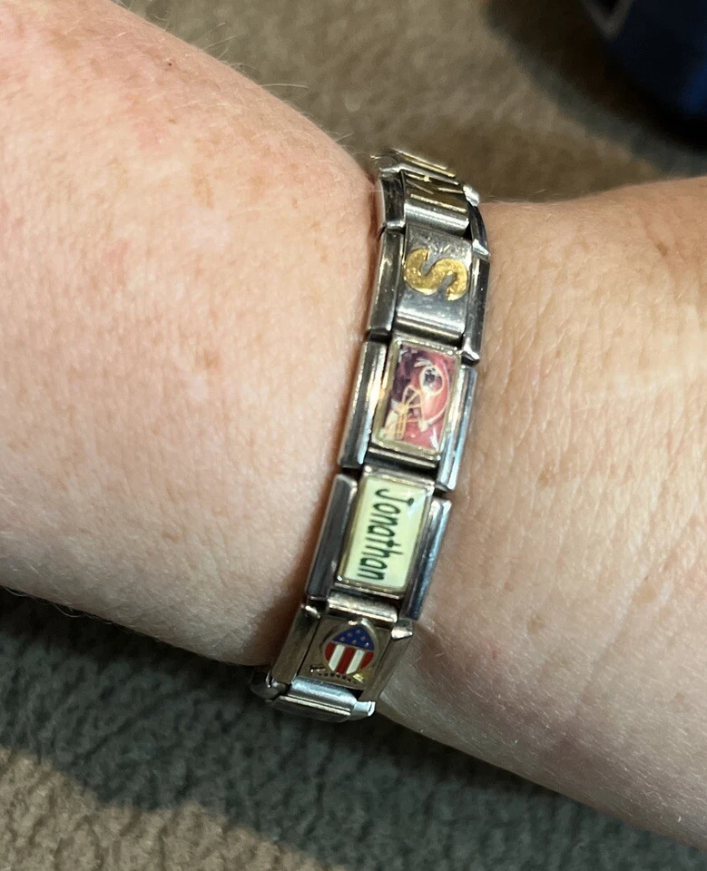 Pagoda Bracelet 18K GOLD/SS Personal Links Stretch Charms 17 Charms Made n Italy - Image 3 of 4