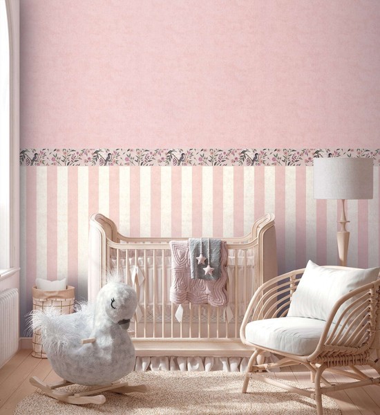 BordüRe Vlies Kinder Floral Blumen BläTter VöGel Rosa Grau 77137-1 (25,00€/1Qm)-image