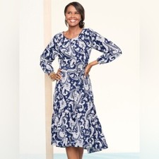 Talbots Boho Tiered Paisley High Low Midi Dress Sz LP Blue Long Sleeves Belted