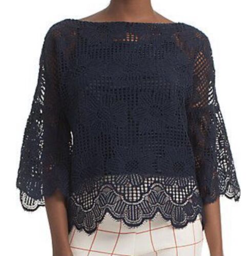 NWT Trina Turk September Lace Top Floral Indigo Blue Bell Sleeves Cutout $238 XS