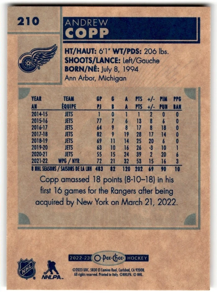 Andrew Copp 2022-23 O-Pee-Chee Retro #210 Detroit Red Wings - Image 2 of 2