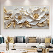 Elegant White Floral and Gold Leaves Wall Art Canvas Painting Wall Picture Mural