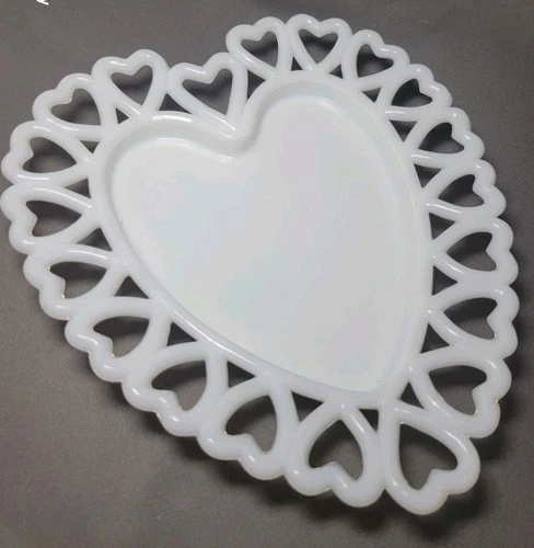 Vintage Westmoreland Glass Plate Heart Open Lace Lattice White Milk Glass 8" T
