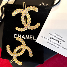 CHANEL VIP GWP Gold Tone Iridescent Crystal Barrettes Set of Two w/CC Logo Bag