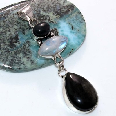 Long Silver Obsidian Rainbow Moonstone 925 Silver Plated Pendant 2.7'' Trendy MJ