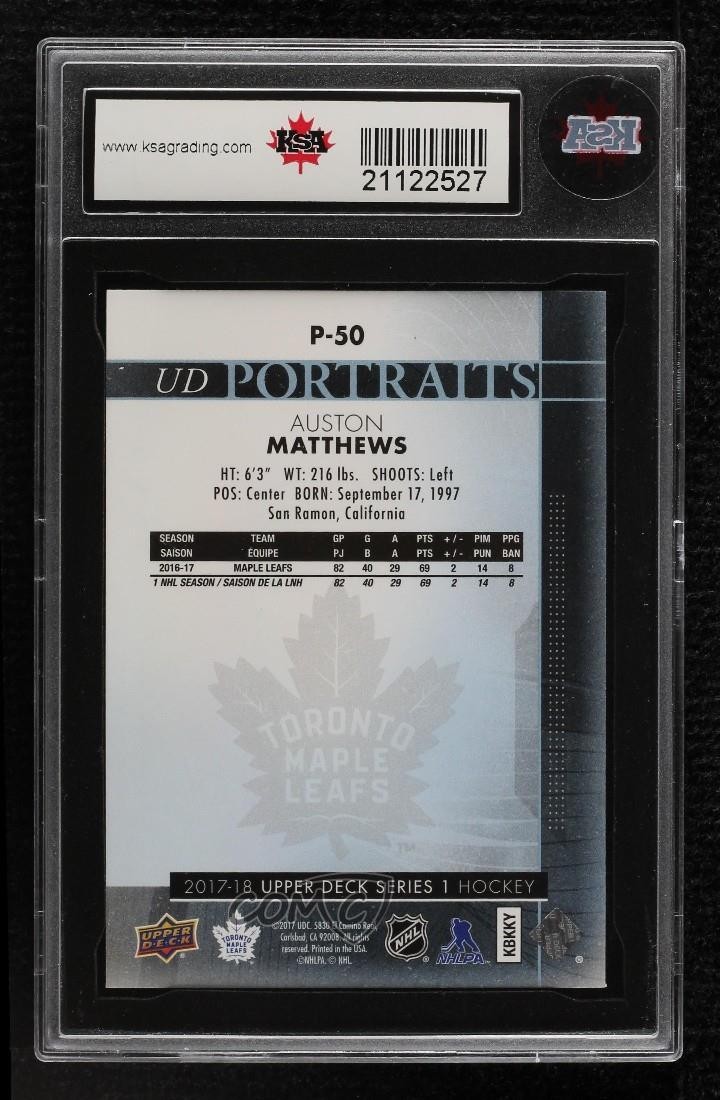 2017-18 Upper Deck Portraits Auston Matthews #P-50 KSA 10 GEM MINT view 2