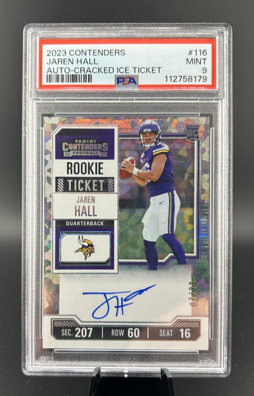 2023 Panini Contenders #116 JAREN HALL Rookie Ticket Cracked Ice Auto /23 PSA 9