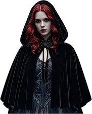 Women's Black Cloak with Hood Medieval Hooded Cape Velvet Short Capelet for H...