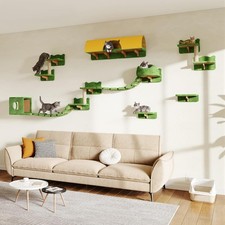16-In-1 Cat Wall Shelves, Wall Mounted Cats Furniture Set W/Plush Fabric, Cat Cl
