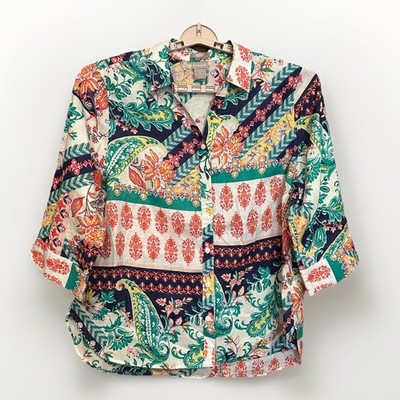 Chicos Linen Floral Geometric No Iron Button Shirt Blouse 3/4 Sleeve Sz 3 XLarge