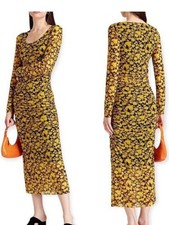 Ganni Yellow Floral Print Stretch Mesh Dress with Ruching Detail. Size 34 (XS)