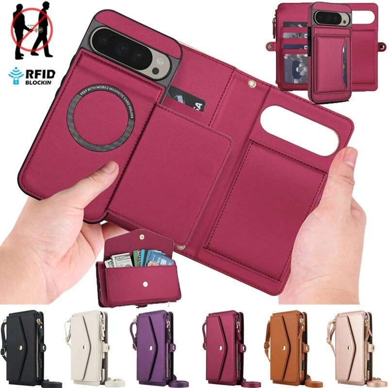 Zip Leather Wallet magnetic Strap Flip case Google Pixel 9A 9 Pro XL 8A 8 Pro 8  - Image 2 of 4