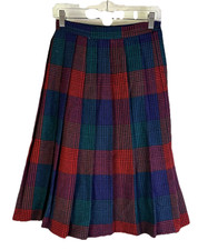 Vintage 70s Skirt Womens 7/8 Wool Plaid Pleated Knee USA Rockabilly Disco