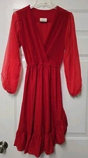Vintage Jackie O Pleated Deep V Neck Sheer Sleeve Fit N Flare Assymetric Hem 7