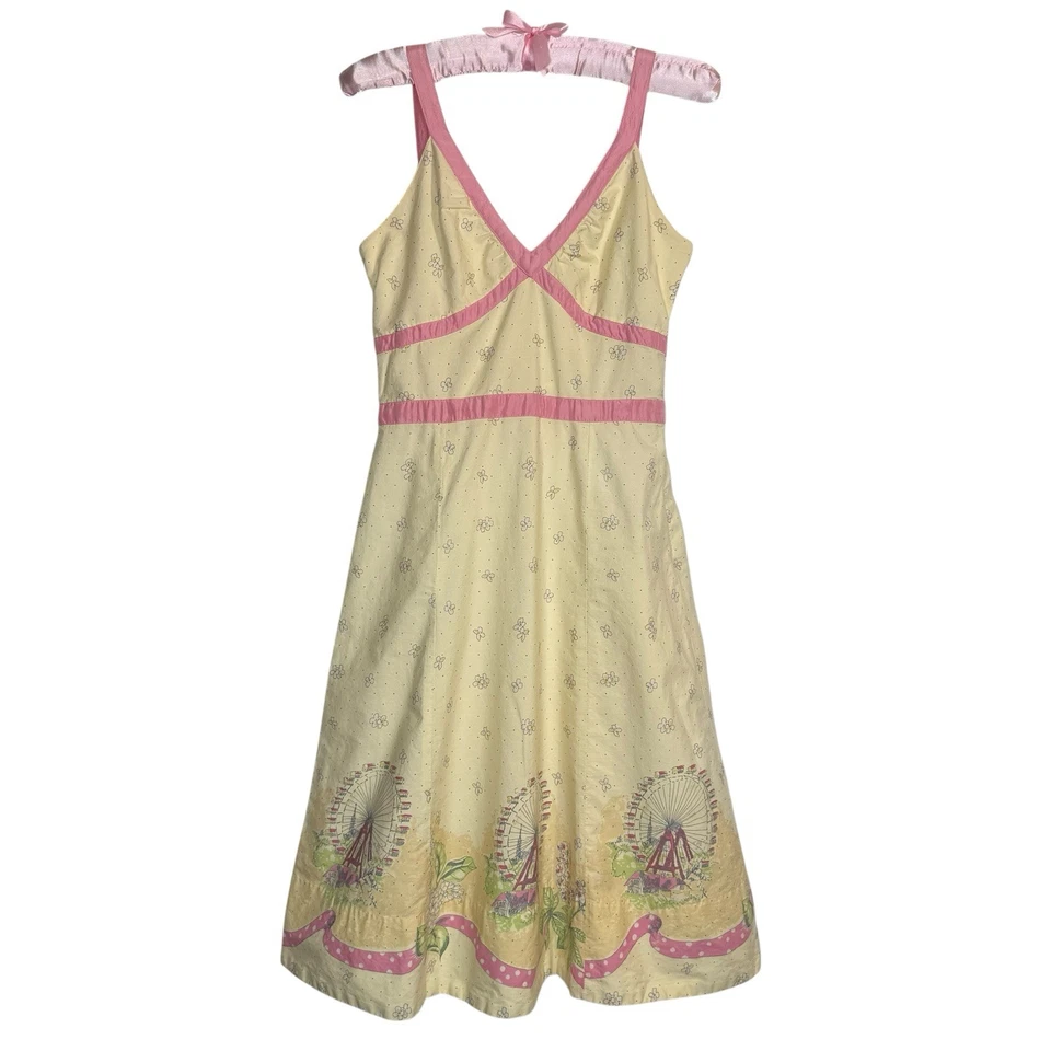 Anthropologie 摩天轮嘉年华礼服高架尺寸 2 黄色粉红色复古 50 年代 — 第 2/4 张图片