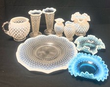 Mixed Lot Of 9 Hobnail Fenton Glass Pieces/Blue/Clear/White