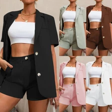 Womens Fashion Blazer Suit Ladies Work Short Sleeve Jacket Shorts Outfits Set