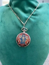 Swiss ARNEX  17 Jewels Incabloc Silvertone Red Blue Pocket Watch 24” Necklace