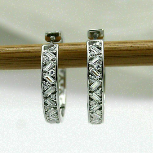 2Ct Baguette Simulated Diamond Hoop/Huggie Earring Women's 14k White Gold Plated