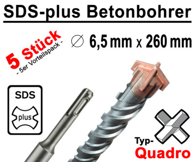 5 Stück SDS-plus Betonbohrer 6,5 x 260 mm Quadro Bohrer Hammerbohrer Steinbohrer