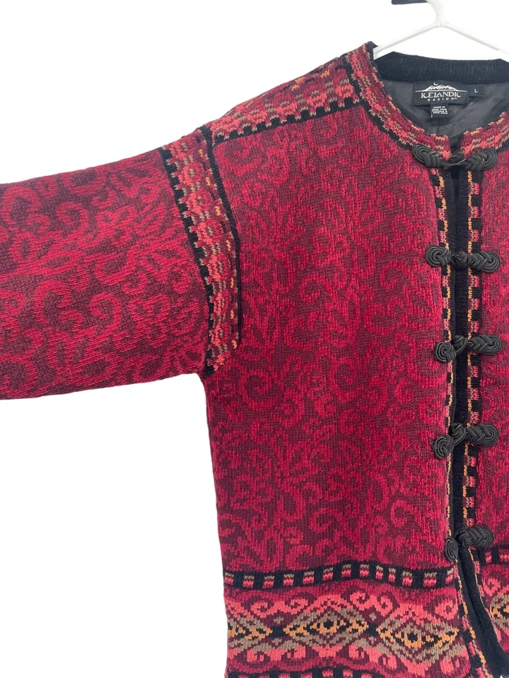 Свитер исландский дизайн размер большой цветочный женский кардиган из красной шерстяной смеси с подкладкой - Изображение 4 из 4
