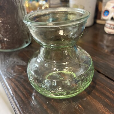 Light Green Glass 4  Bulb Forcing Vase Embossed Floral Design.  Light Refactor