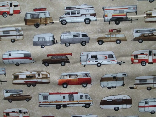 RETRO TRAILERS CAMPERS RVS VW BUS MOTORHOMES TAN COTTON FABRIC FQ 