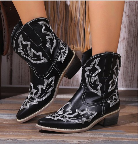 Women's Pointed Toe Cowgirl Cowboy Boots Ladies Mid Wide Calf Western Shoes Size - Picture 12 of 16