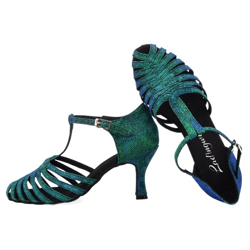 Zapatos de Baile Salsa Fiesta Salón Tela Flash Verde Azul Gris Latino Tacón Alto