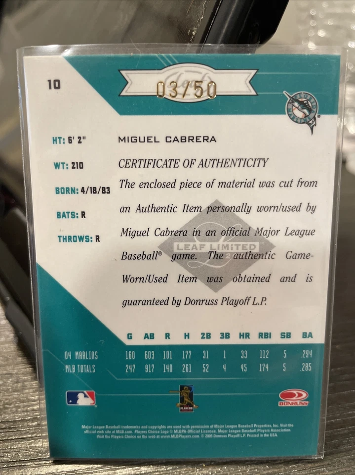 2005 LEAF LIMITED LEGENDS MIGUEL CABRERA GU JERSEY AUTO AUTOGRAPH 03/50 NICE - Image 2 of 2