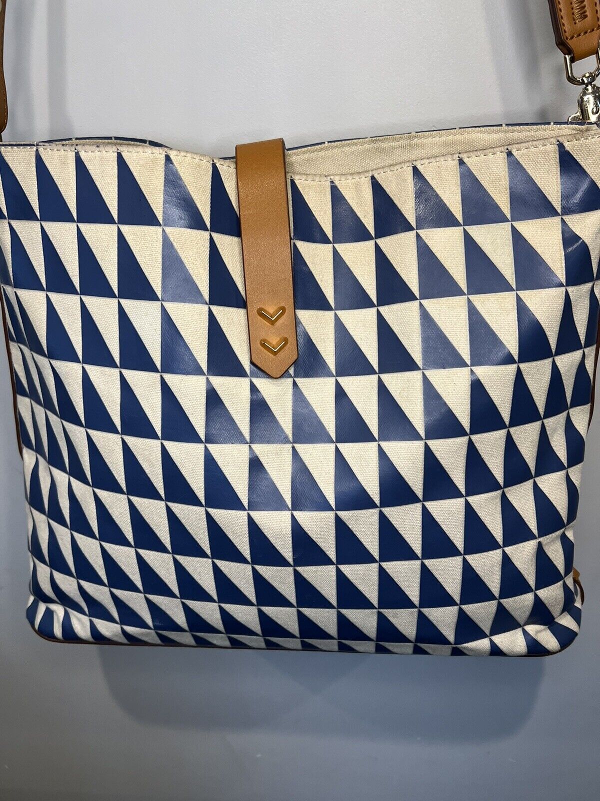 Stella & Dot Canvas Tote Bag Blue And White Geo T… - image 4