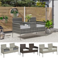 Rattan Garden Bench w/ Glass Tea Table, Patio Wicker Chair w/ Cushions