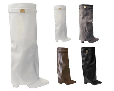 Damen Kunstleder Kniehoch Überschlag Damen Reißverschluss Mode Blockabsatz Stiefel