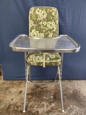 Vintage Cosco Folding High Chair w/ Tray Retro Vinyl Seat Green Floral Flowers